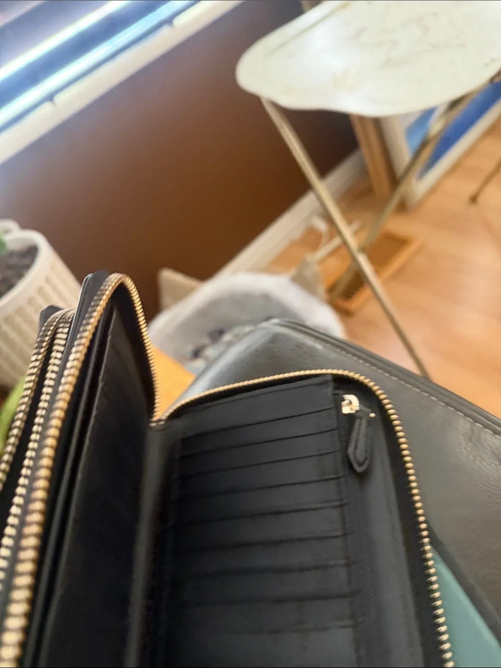 kate spade Black Saffiano Zip Wallet with Gold Logo Plaque